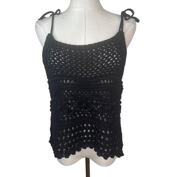 ZARA Black Small Crochet Knit Cotton Tank Top With Adjustable Tie Straps - Picture 5 of 12